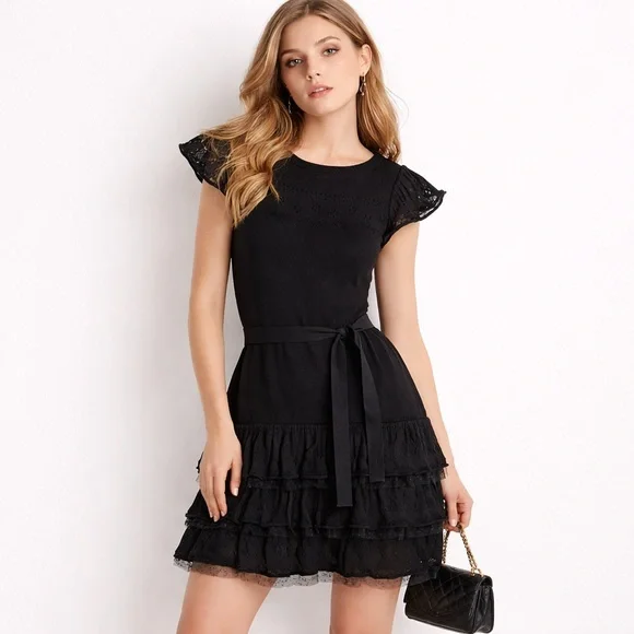 Red Valentino Black Knit Ruffle Dress Tie Waist Eyelet Lace Tiered Mini Sz XS S - Picture 1 of 15